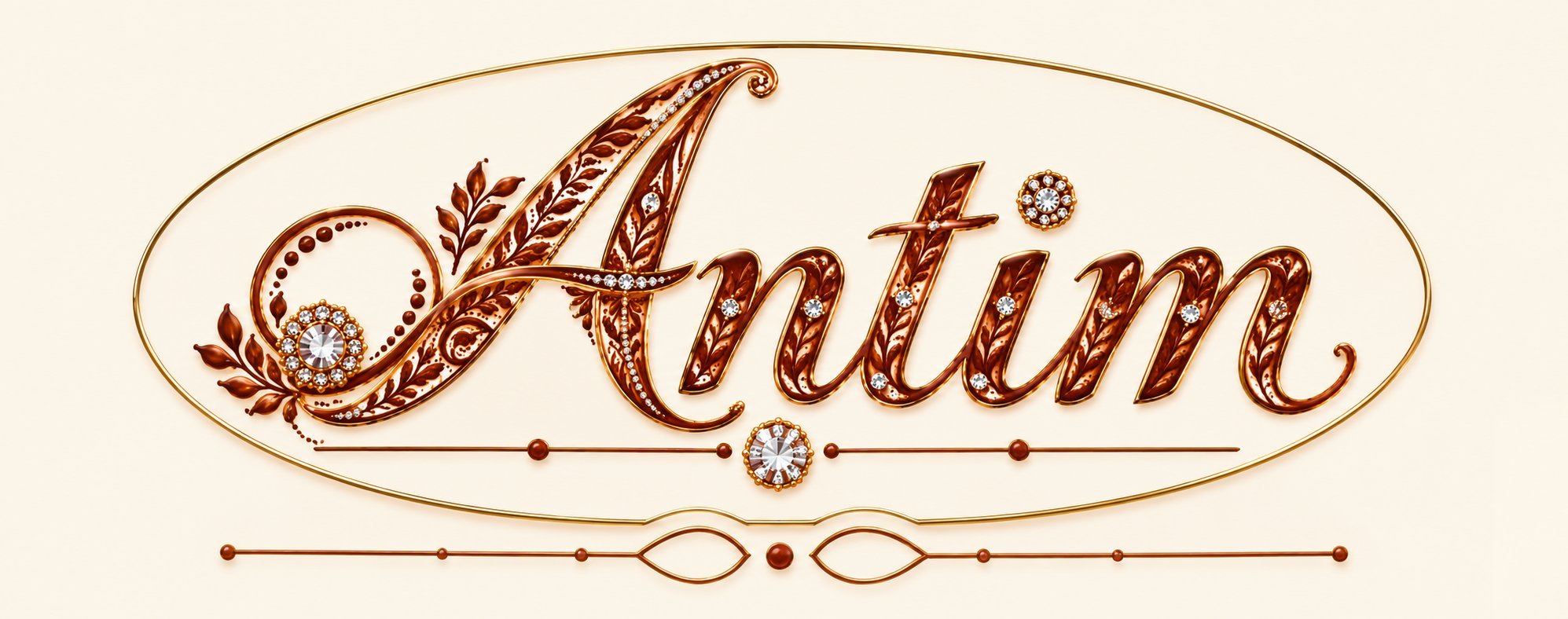 Antim — her name written in henna calligraphy, jeweled, inside its gold oval, shown whole and uncropped