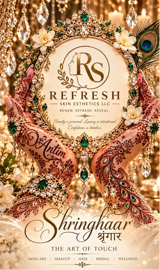 The main emblem of the house — henna-covered hands signed Antim holding the jeweled gold frame of the Refresh Skin Esthetics RS seal, Shringhaar — The Art of Touch, shown whole and uncropped