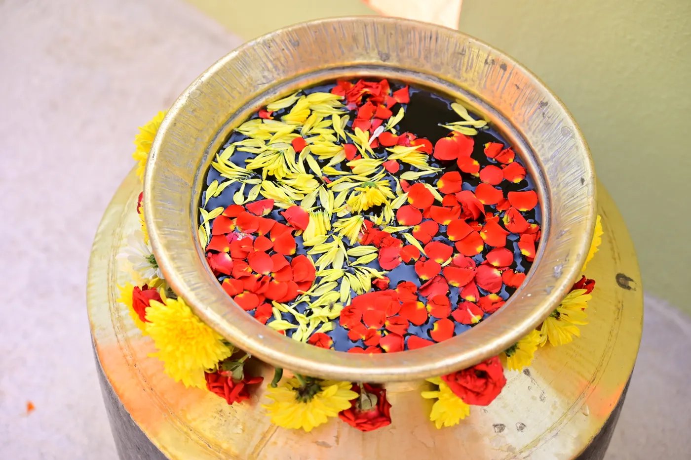 Brass urli bowl with flower petals floating on water, shown whole